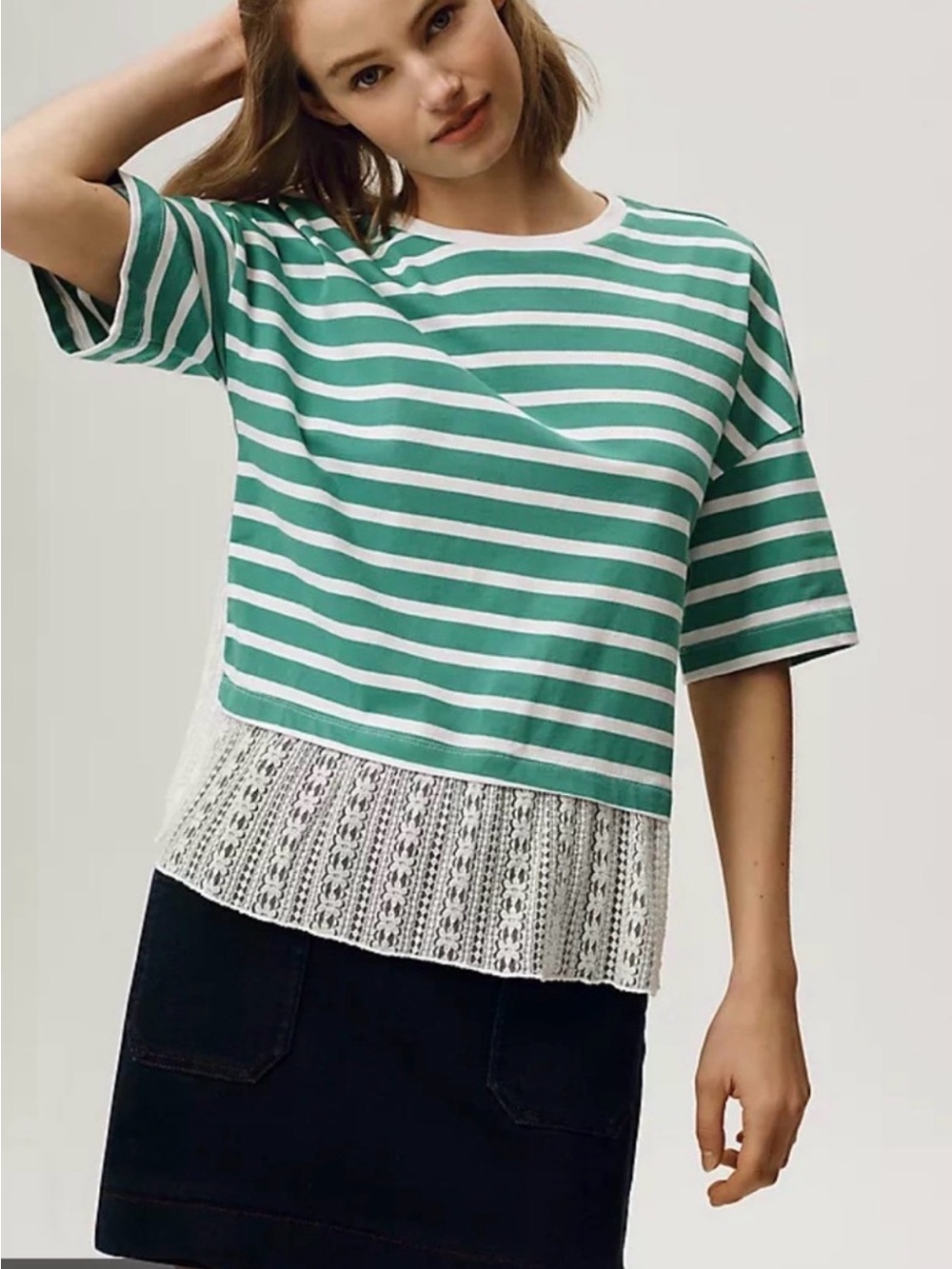 Anthropologie Maeve Green and White Striped Short-Sleeve Top with Lace Hem